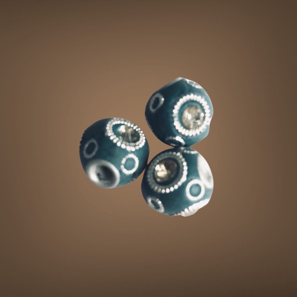 Handmade Teal & Silver Clay Beads 3pcs